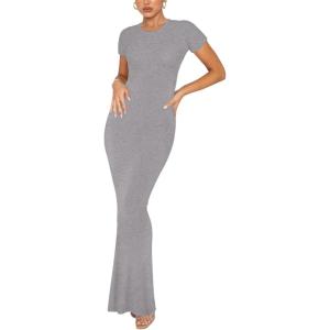 imageREORIA Womens Basic Summer Casual Lounge Long Dress Elegant Short Sleeve Crew Neck Bodycon Maxi DressesLight Grey