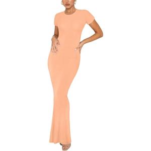 imageREORIA Womens Basic Summer Casual Lounge Long Dress Elegant Short Sleeve Crew Neck Bodycon Maxi DressesPeach Fuzz
