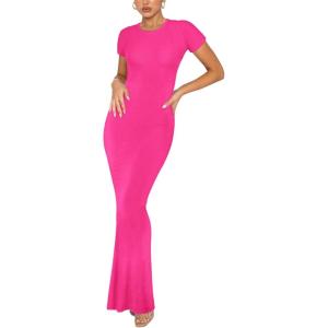imageREORIA Womens Basic Summer Casual Lounge Long Dress Elegant Short Sleeve Crew Neck Bodycon Maxi DressesRose Red