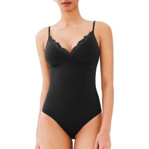 imageREORIA Womens Lace Trim VNeck Bodysuit Spaghetti Straps Sexy Outfit 2025 SpringSummer Designer CollectionBlack Onyx