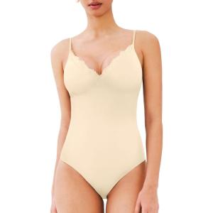 imageREORIA Womens Lace Trim VNeck Bodysuit Spaghetti Straps Sexy Outfit 2025 SpringSummer Designer CollectionButtercream
