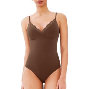 imageREORIA Womens Lace Trim VNeck Bodysuit Spaghetti Straps Sexy Outfit 2025 SpringSummer Designer CollectionChocolate Lab