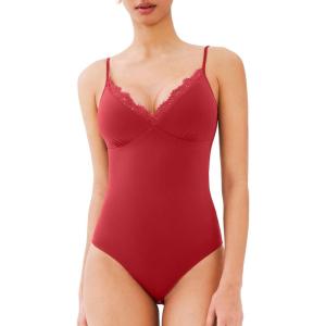 imageREORIA Womens Lace Trim VNeck Bodysuit Spaghetti Straps Sexy Outfit 2025 SpringSummer Designer CollectionRibbon Red
