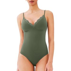 imageREORIA Womens Lace Trim VNeck Bodysuit Spaghetti Straps Sexy Outfit 2025 SpringSummer Designer CollectionThyme