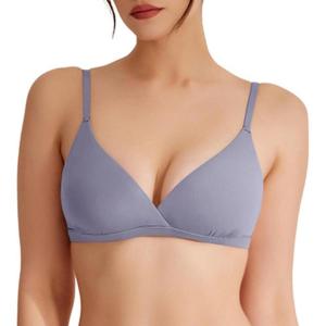 imageREORIA Womens Triangle V Neck Crossover Wireless No Padded Bralette Ultra Comfortable Soft Smoothing No Underwire BrasLight Haze Blue