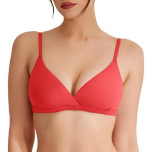 imageREORIA Womens Triangle V Neck Crossover Wireless No Padded Bralette Ultra Comfortable Soft Smoothing No Underwire BrasPoppy