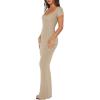 imageREORIA Womens 2025 Sexy Scoop Neck Lounge Long Dress Elegant Basic Short Sleeve Ribbed Bodycon Maxi DressesKhaki