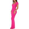 imageREORIA Womens 2025 Sexy Scoop Neck Lounge Long Dress Elegant Basic Short Sleeve Ribbed Bodycon Maxi DressesRose Red
