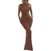 imageREORIA Womens Basic Summer Sexy Lounge Tank Long Dress Elegant Sleeveless Halter Neck Bodycon Maxi DressesCoffee