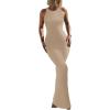 imageREORIA Womens Basic Summer Sexy Lounge Tank Long Dress Elegant Sleeveless Halter Neck Bodycon Maxi DressesKhaki