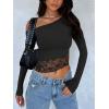 imageREORIA Womens Long Sleeve Crop Tops Double Lined Lace Off The Shoulder Tops Regular Fitted Shirts Y2k Trendy Going Out TopsBlack