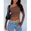 imageREORIA Womens Long Sleeve Crop Tops Double Lined Lace Off The Shoulder Tops Regular Fitted Shirts Y2k Trendy Going Out TopsCoffee