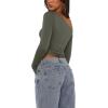 imageREORIA Womens Long Sleeve Crop Tops Double Lined Lace Off The Shoulder Tops Regular Fitted Shirts Y2k Trendy Going Out TopsGrayish Green