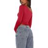 imageREORIA Womens Long Sleeve Crop Tops Double Lined Lace Off The Shoulder Tops Regular Fitted Shirts Y2k Trendy Going Out TopsRed