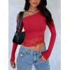 imageREORIA Womens Long Sleeve Crop Tops Double Lined Lace Off The Shoulder Tops Regular Fitted Shirts Y2k Trendy Going Out TopsRed