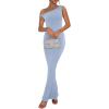imageREORIA Womens Summer Sexy One Shoulder Formal Long Dress Wedding Guest Elegant Sleeveless Ribbed Bodycon Maxi DressesBlue