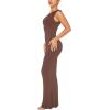 imageREORIA Womens Summer Sexy One Shoulder Formal Long Dress Wedding Guest Elegant Sleeveless Ribbed Bodycon Maxi DressesCoffee