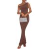 imageREORIA Womens Summer Sexy One Shoulder Formal Long Dress Wedding Guest Elegant Sleeveless Ribbed Bodycon Maxi DressesCoffee