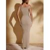 imageREORIA Womens Summer Sexy One Shoulder Formal Long Dress Wedding Guest Elegant Sleeveless Ribbed Bodycon Maxi DressesKhaki