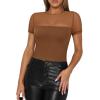 imageREORIA Womens Summer Trendy Sexy Crew Neck Short Sleeve Sheer Mesh Going Out Tops Slim Fit T Shirts Crop top TeeBrown