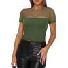 imageREORIA Womens Summer Trendy Sexy Crew Neck Short Sleeve Sheer Mesh Going Out Tops Slim Fit T Shirts Crop top TeeDark Green