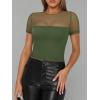 imageREORIA Womens Summer Trendy Sexy Crew Neck Short Sleeve Sheer Mesh Going Out Tops Slim Fit T Shirts Crop top TeeDark Green