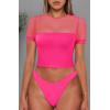 imageREORIA Womens Summer Trendy Sexy Crew Neck Short Sleeve Sheer Mesh Going Out Tops Slim Fit T Shirts Crop top TeeNeon Rose Red
