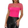 imageREORIA Womens Summer Trendy Sexy Crew Neck Short Sleeve Sheer Mesh Going Out Tops Slim Fit T Shirts Crop top TeeNeon Rose Red