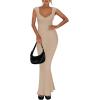 imageREORIA Womens Trendy Sexy Square V Neck Cap Sleeve Elegant Lounge Long Dress Ribbed Bodycon Maxi DressesKhaki