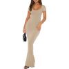 imageREORIA Womens 2025 Sexy Scoop Neck Lounge Long Dress Elegant Basic Short Sleeve Ribbed Bodycon Maxi DressesKhaki