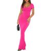 imageREORIA Womens 2025 Sexy Scoop Neck Lounge Long Dress Elegant Basic Short Sleeve Ribbed Bodycon Maxi DressesRose Red