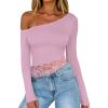 imageREORIA Womens Long Sleeve Crop Tops Double Lined Lace Off The Shoulder Tops Regular Fitted Shirts Y2k Trendy Going Out TopsPetal