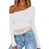 imageREORIA Womens Long Sleeve Crop Tops Double Lined Lace Off The Shoulder Tops Regular Fitted Shirts Y2k Trendy Going Out TopsWhite