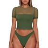 imageREORIA Womens Summer Trendy Sexy Crew Neck Short Sleeve Sheer Mesh Going Out Tops Slim Fit T Shirts Crop top TeeDark Green