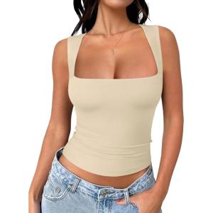 imageREORIA Butsmooth Womens Square Neck Going Out Crop Tops Double Lined Cute Basic Tank Tops 2025 ClothesApricot