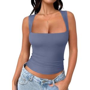 imageREORIA Butsmooth Womens Square Neck Going Out Crop Tops Double Lined Cute Basic Tank Tops 2025 ClothesBlue