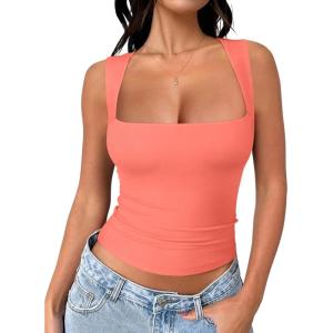 imageREORIA Butsmooth Womens Square Neck Going Out Crop Tops Double Lined Cute Basic Tank Tops 2025 ClothesBright Orange