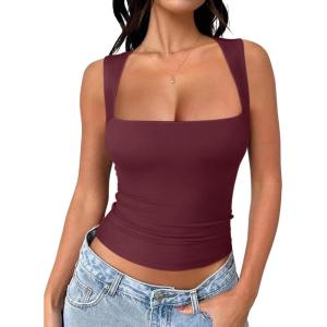 imageREORIA Butsmooth Womens Square Neck Going Out Crop Tops Double Lined Cute Basic Tank Tops 2025 ClothesBurgundy