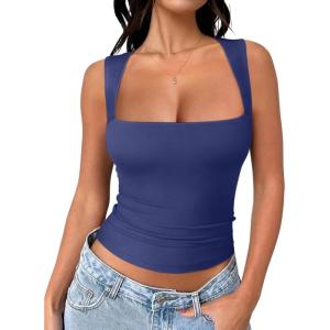 imageREORIA Butsmooth Womens Square Neck Going Out Crop Tops Double Lined Cute Basic Tank Tops 2025 ClothesDeep Blue