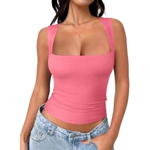 imageREORIA Butsmooth Womens Square Neck Going Out Crop Tops Double Lined Cute Basic Tank Tops 2025 ClothesDeep Pink
