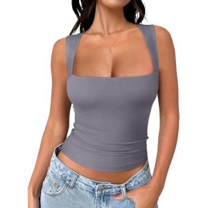 imageREORIA Butsmooth Womens Square Neck Going Out Crop Tops Double Lined Cute Basic Tank Tops 2025 ClothesGrey