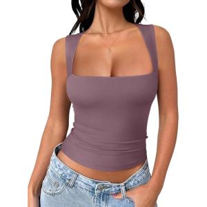 imageREORIA Butsmooth Womens Square Neck Going Out Crop Tops Double Lined Cute Basic Tank Tops 2025 ClothesGrey Purple