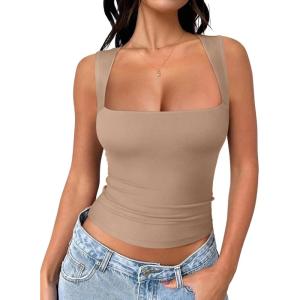 imageREORIA Butsmooth Womens Square Neck Going Out Crop Tops Double Lined Cute Basic Tank Tops 2025 ClothesKhaki