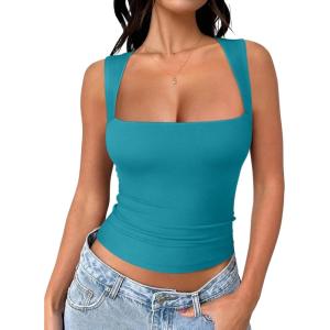 imageREORIA Butsmooth Womens Square Neck Going Out Crop Tops Double Lined Cute Basic Tank Tops 2025 ClothesLake Blue