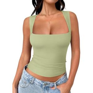 imageREORIA Butsmooth Womens Square Neck Going Out Crop Tops Double Lined Cute Basic Tank Tops 2025 ClothesLight Green