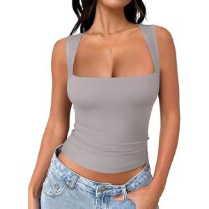 imageREORIA Butsmooth Womens Square Neck Going Out Crop Tops Double Lined Cute Basic Tank Tops 2025 ClothesLight Grey
