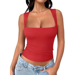 imageREORIA Butsmooth Womens Square Neck Going Out Crop Tops Double Lined Cute Basic Tank Tops 2025 ClothesRed