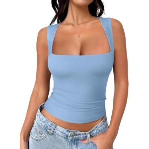 imageREORIA Butsmooth Womens Square Neck Going Out Crop Tops Double Lined Cute Basic Tank Tops 2025 ClothesSky Blue