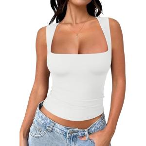 imageREORIA Butsmooth Womens Square Neck Going Out Crop Tops Double Lined Cute Basic Tank Tops 2025 ClothesWhite