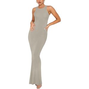 imageREORIA Womens Basic Summer Sexy Lounge Tank Long Dress Elegant Sleeveless Halter Neck Bodycon Maxi DressesAntique Pewter